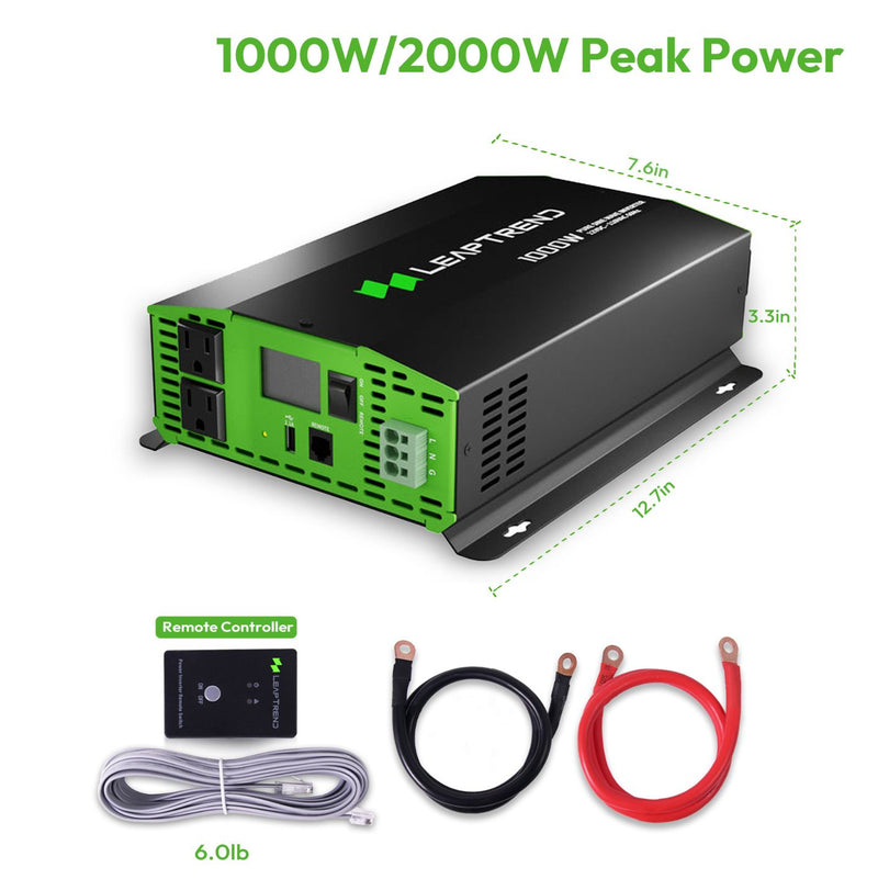 Leaptrend 1000/2000 Watt Power Inverter for Lithium Batteries, DC 12V to 110V/120V AC Off-Grid Solar Pure Sine Wave Inverter on RV, Semi Truck, Coffee Van, Camping Outdoor, Household Appliances for Lithium Flooded Gel AGM Batteries, with Remote Controller