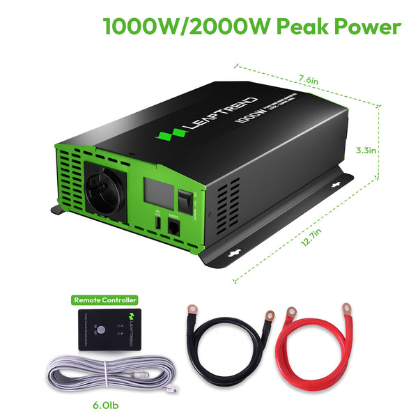 Leaptrend 1000/2000 Watt Power Inverter for Lithium Batteries, DC 12V to 220V/230V AC Off-Grid Solar Pure Sine Wave Inverter on RV, Semi Truck, Heavy Duty, Camping Outdoors, for Lithium LifePo4, and Flooded, Gel, AGM Batteries, with Remote Controller
