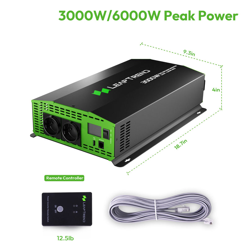 Leaptrend 3000/6000 Watt Power Inverter Pure Sine Wave DC 12V to 220/230 Volt AC Converter for RVs, Trucks, Heavy Duties, Caravan, Coffee Vans, Camping Outdoor Off-Grid Solar Inverter for Lithium LifePo4, Flooded, Gel, AGM Batteries with Remote Controller