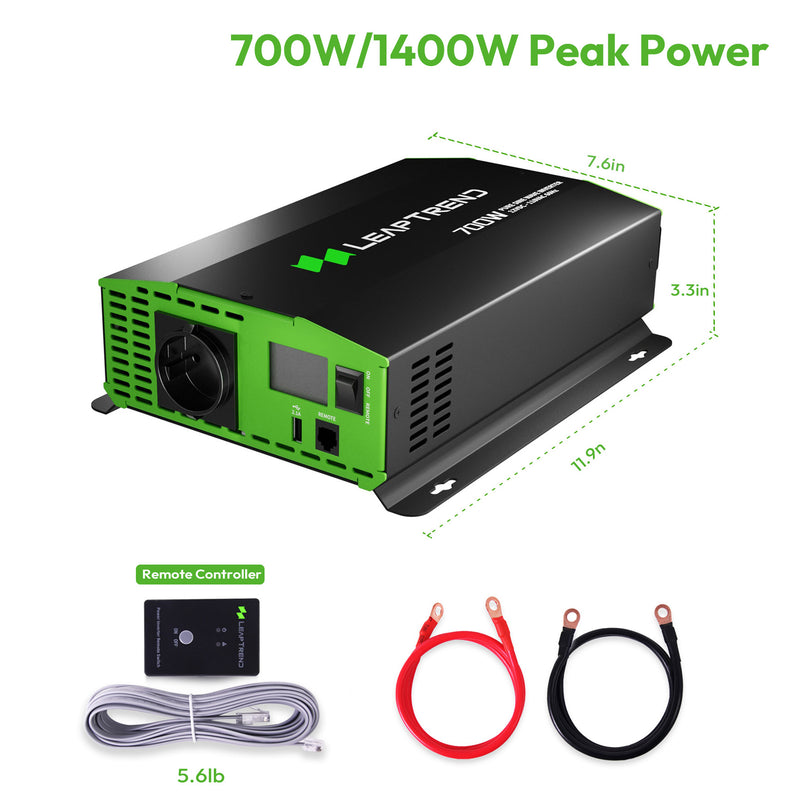 Leaptrend 700W/1400W Pure Sine Wave Power Inverter for RV, Coffee Van, Semi Truck, Camping Outdoors, Caravan, DC 12V to 220/230/240V AC Converter for Lithium Flooded Gel AGM Batteries on Microwave Laptop Camera Refrigerator Lighting Household Appliances